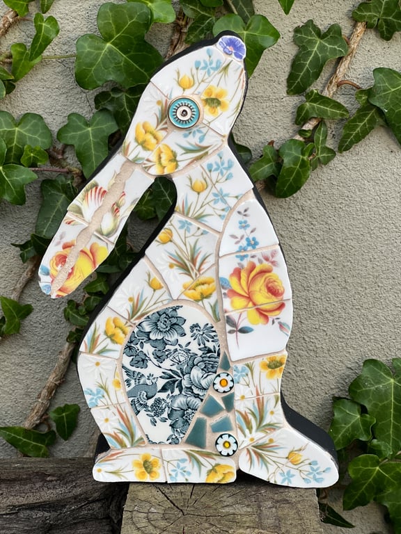 Mosaic Moon Gazing Hare, Made with Vintage china, Ceramic Mosaic Art