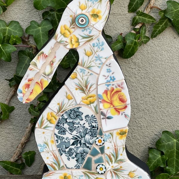 Mosaic Moon Gazing Hare, Made with Vintage china, Ceramic Mosaic Art
