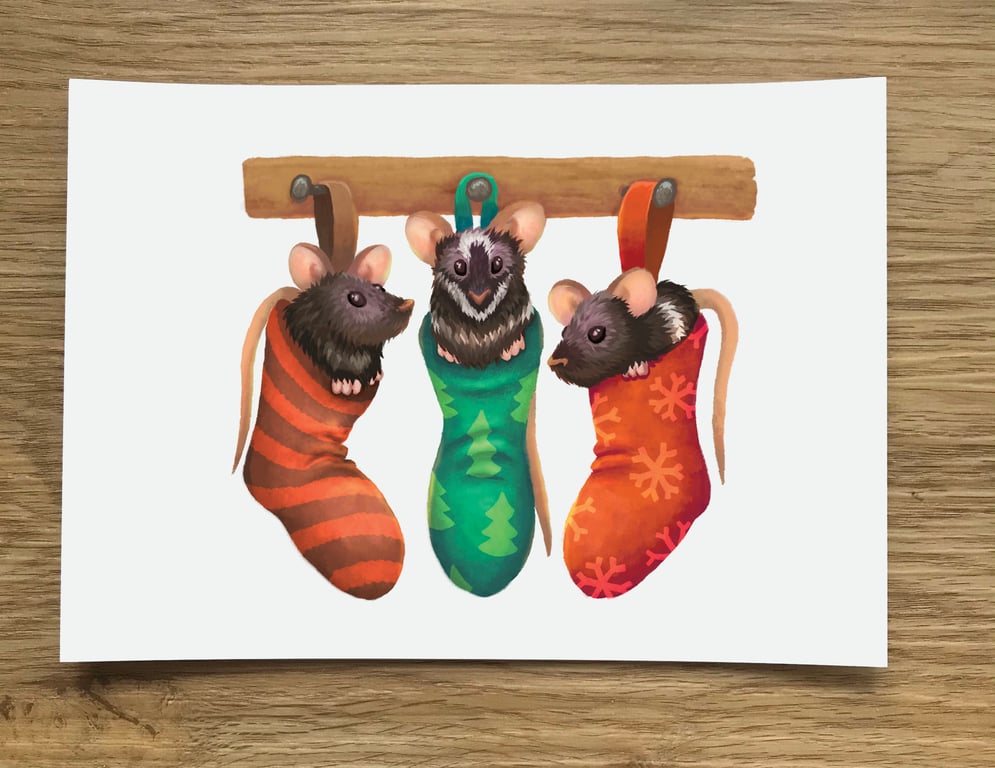 A6 Festive Mice Post Card (White Background)