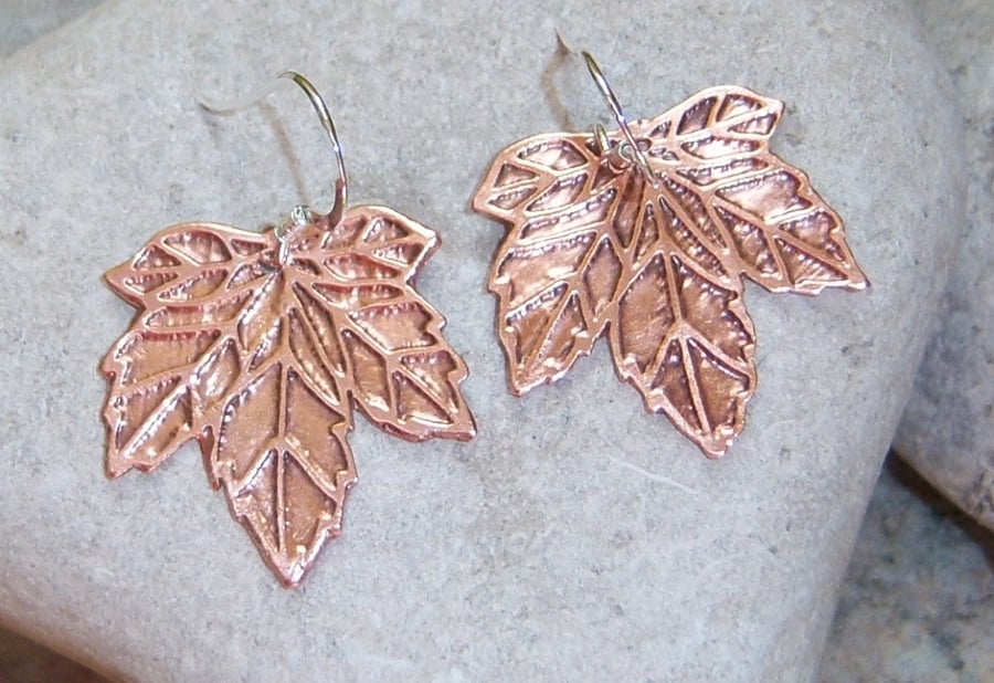 Leaf earrings in etched copper