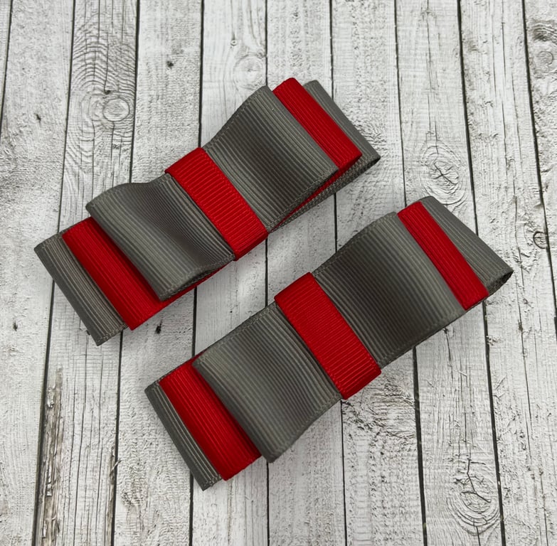 School Red and Grey 3 inch Straight Bows on Clips (pair)