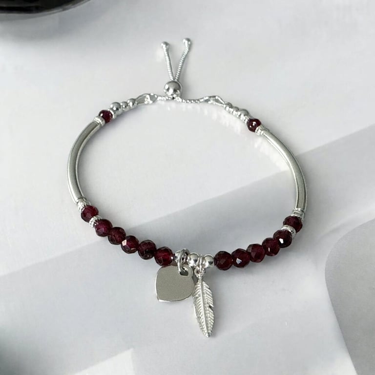 Garnet Sterling Silver Feather & Heart Charm Bracelet, Adjustable Slider Clasp