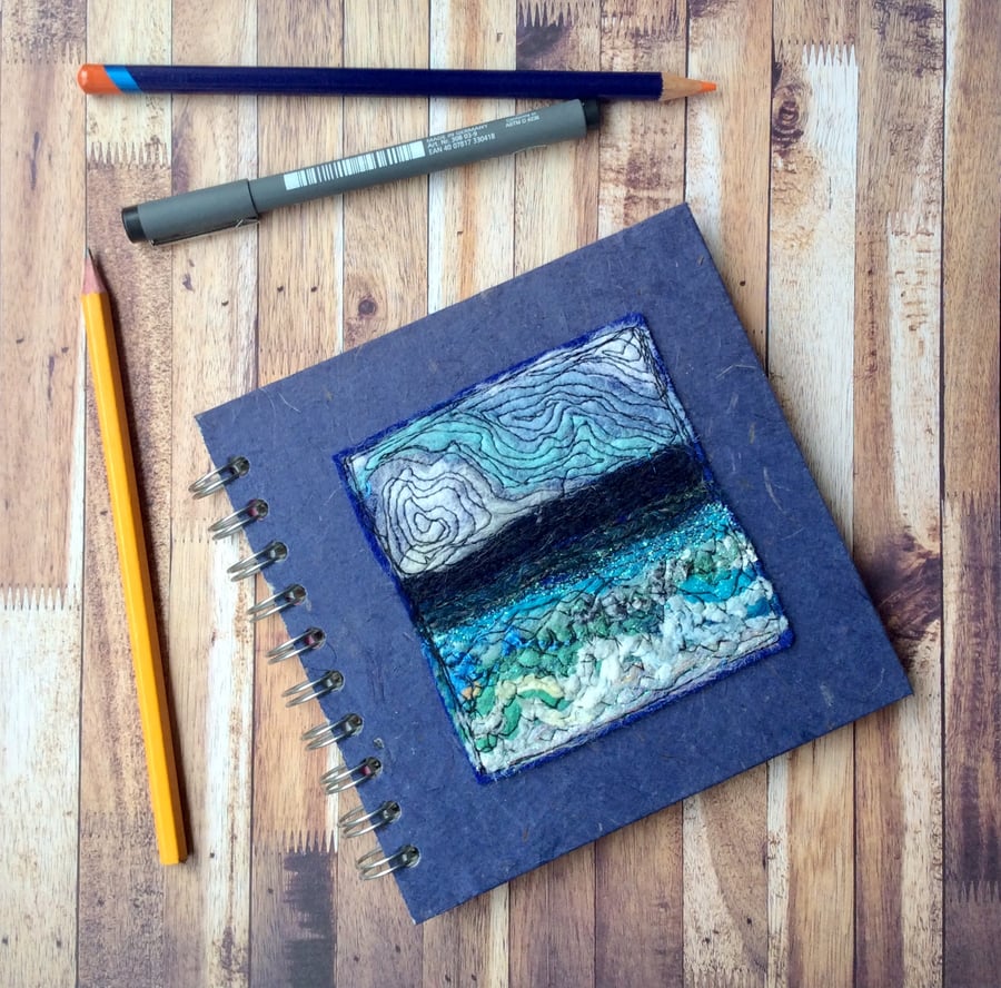 Square Seascape embroidered sketchbook or journal. 