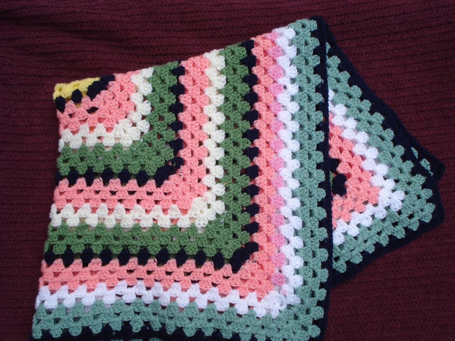 Hand Crochet Blanket in Yellows, Peach, Green and Navy Blue Ideal For Pram, Bugg