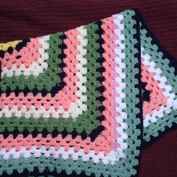 Hand Crochet Blanket in Yellows, Peach, Green and Navy Blue Ideal For Pram, Bugg