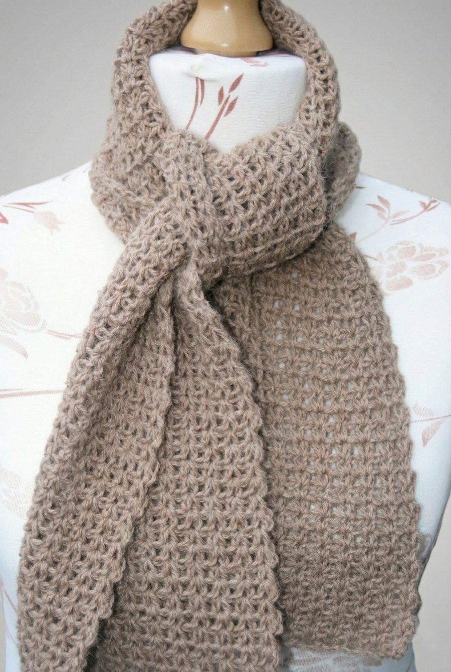 Beautiful Taupe Crocheted Scarf - Luxury Alpaca Scarf - Indoor Scarf