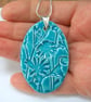 SALE Large ceramic oval pendant imprinted with a floral design - sterling silver