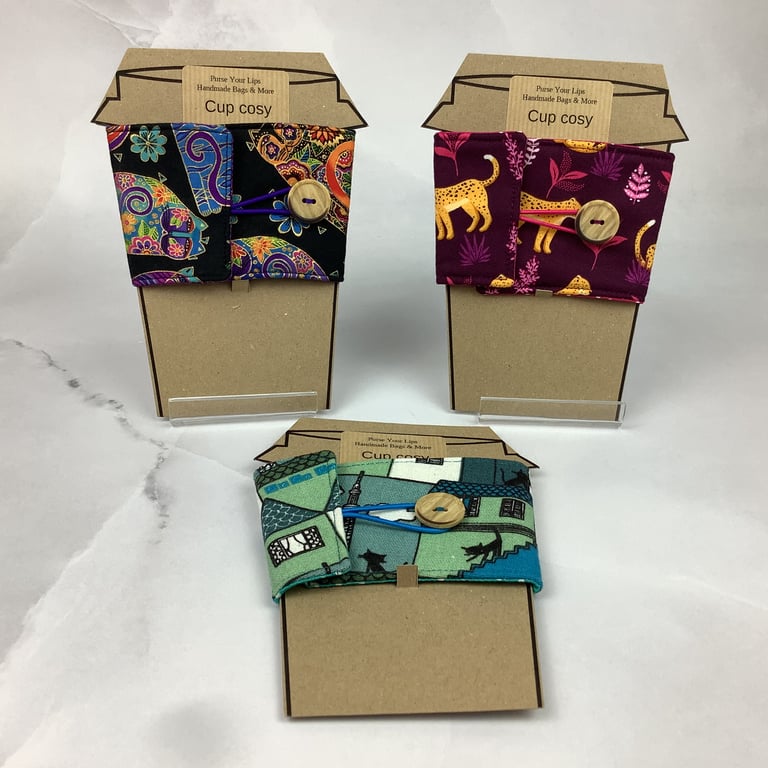 Cats cup cosy, Kitty cup cozy, Mug sleeve, 3 options, Handmade