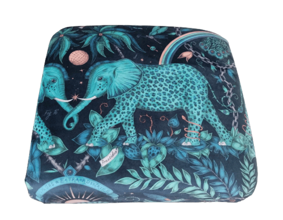 Emma Shipley Zambezi Teal Velvet Fabric Storage Footstool Pouffe Elephants Blue