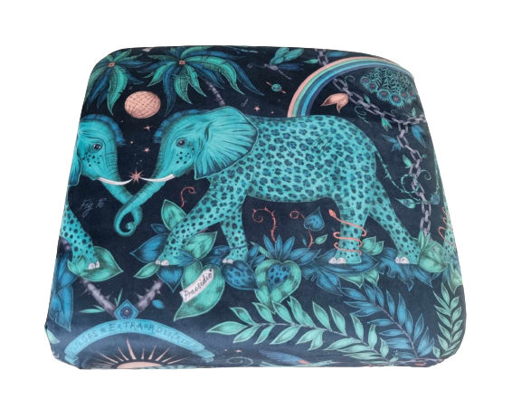 Emma Shipley Zambezi Teal Velvet Fabric Storage Footstool Pouffe Elephants Blue