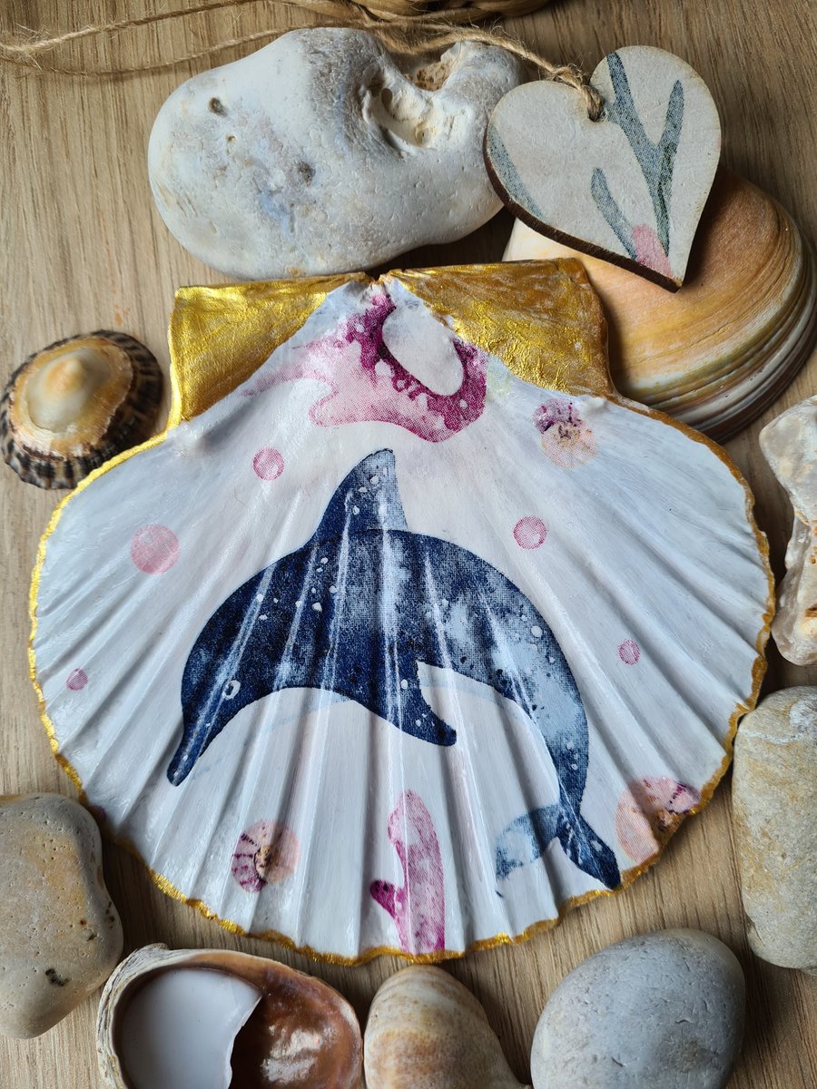 Scallop shell dolphin trinket dish with gift tag home decor