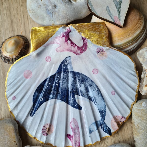 Scallop shell dolphin trinket dish with gift tag home decor