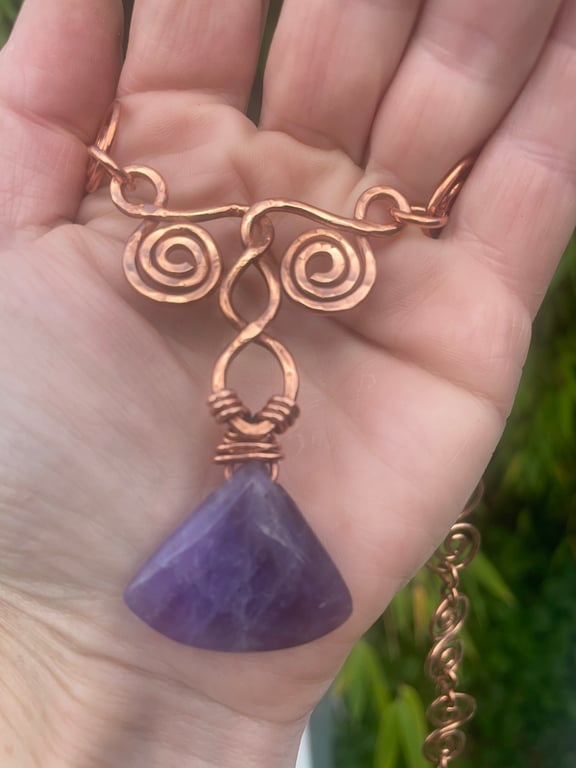 Art deco Nouveau Celtic Copper unique handmade necklace with Amethyst pendant 