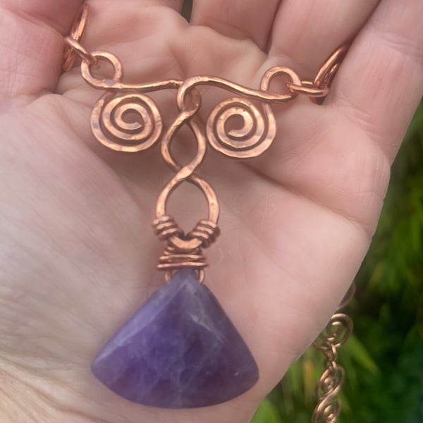 Art deco Nouveau Celtic Copper unique handmade necklace with Amethyst pendant 