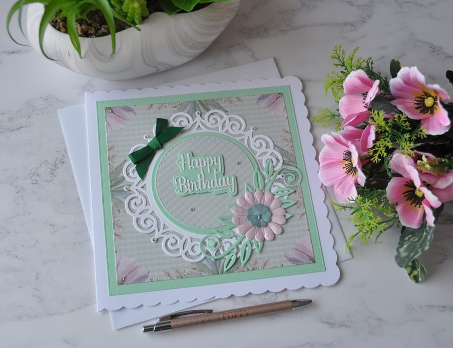 Happy Birthday Green Pink Flower Large 3D Luxury Handmade Card