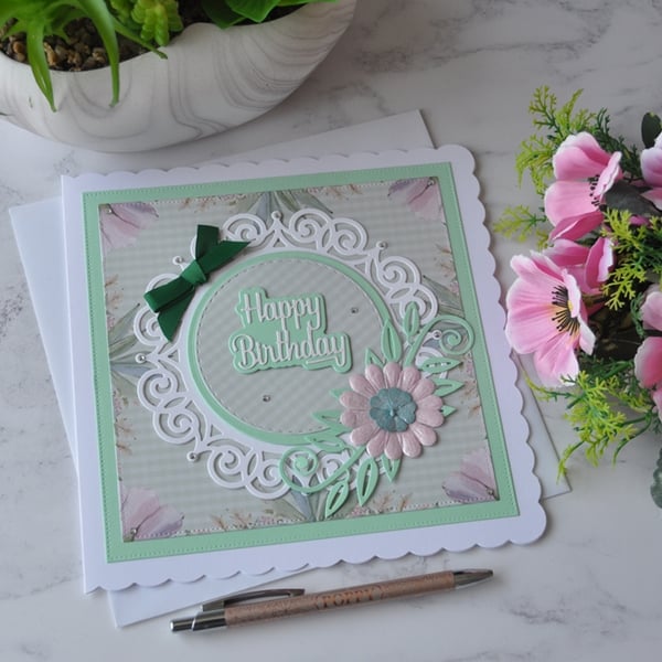 Happy Birthday Green Pink Flower Large 3D Luxury Handmade Card