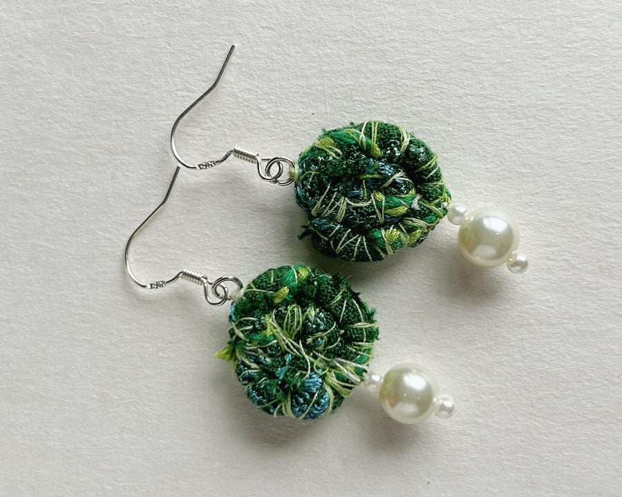 Textile earrings with pearls, fabric beads earrings, green earrings