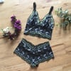 Acadia lingerie set, black with green detail, bralette and briefs .