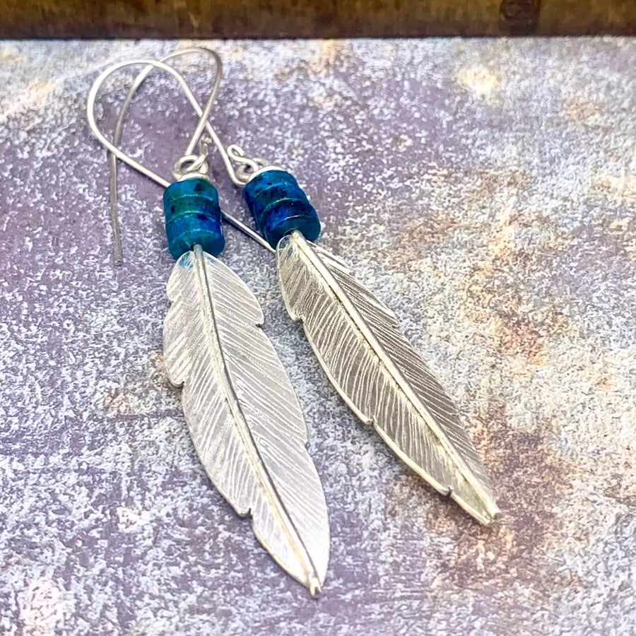 Sterling Silver Feather & Azurite Earrings