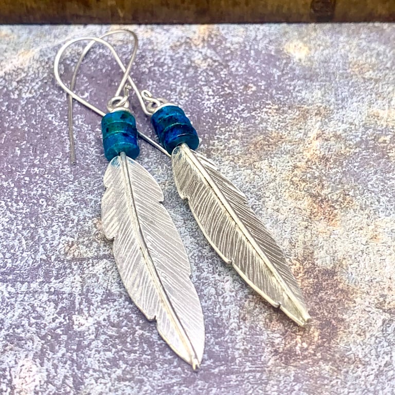 Sterling Silver Feather & Azurite Earrings