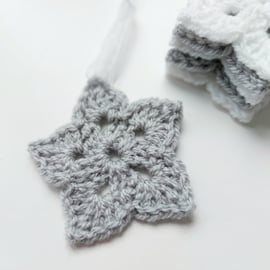 Handmade Crochet Stars in Silver and White with Organza Ribbon, Set of 5