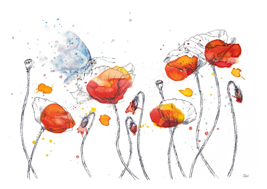 Blue Butterfly on Red Poppies watercolour print, flower painting, ink drawing