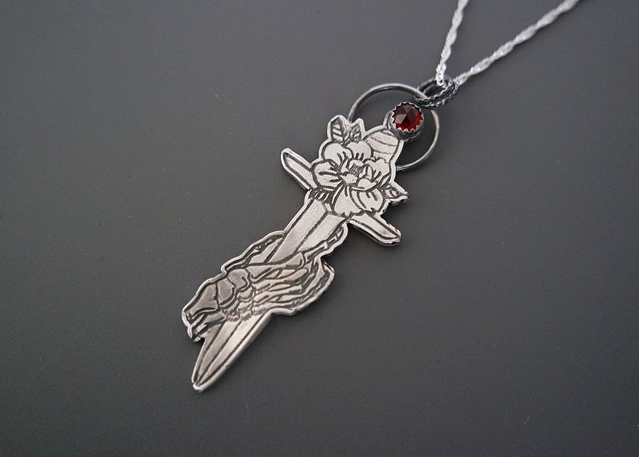 Rose dagger skeleton pendant Garnet Halloween Silver