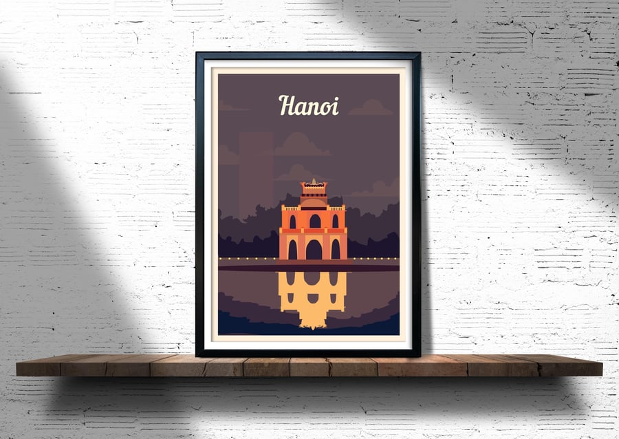 Hanoi retro travel poster, Hanoi print, Vietnam travel poster