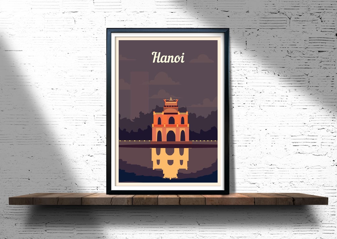 Hanoi retro travel poster, Hanoi print, Vietnam travel poster