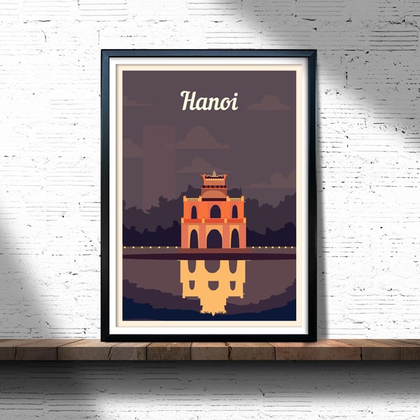 Hanoi retro travel poster, Hanoi print, Vietnam travel poster