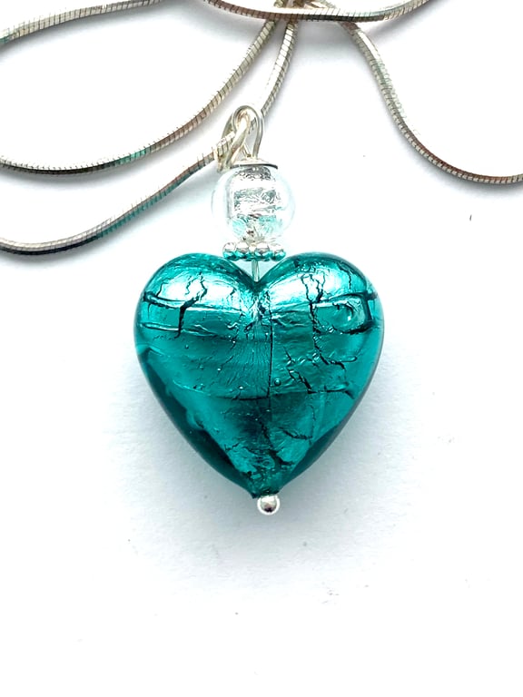  Murano glass green heart pendant with sterling silver  chain.