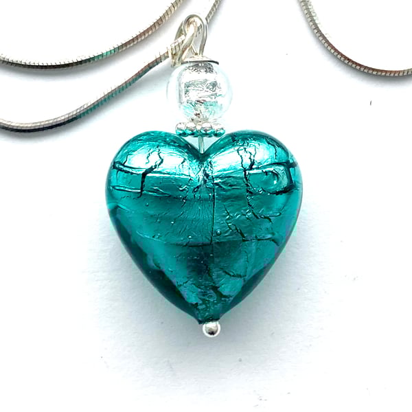  Murano glass green heart pendant with sterling silver  chain.
