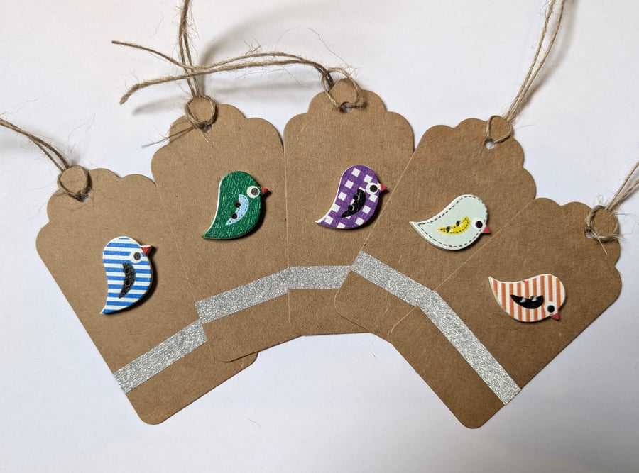 Homemade gift tags made with buttons in packs of 5 - birds