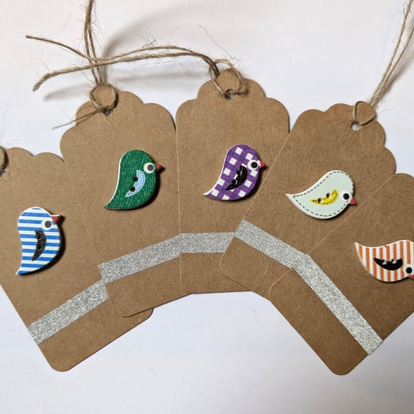 Homemade gift tags made with buttons in packs of 5 - birds