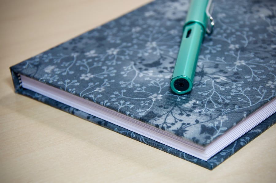 A5 Hardback Lined Notebook with full cloth grey flower cover