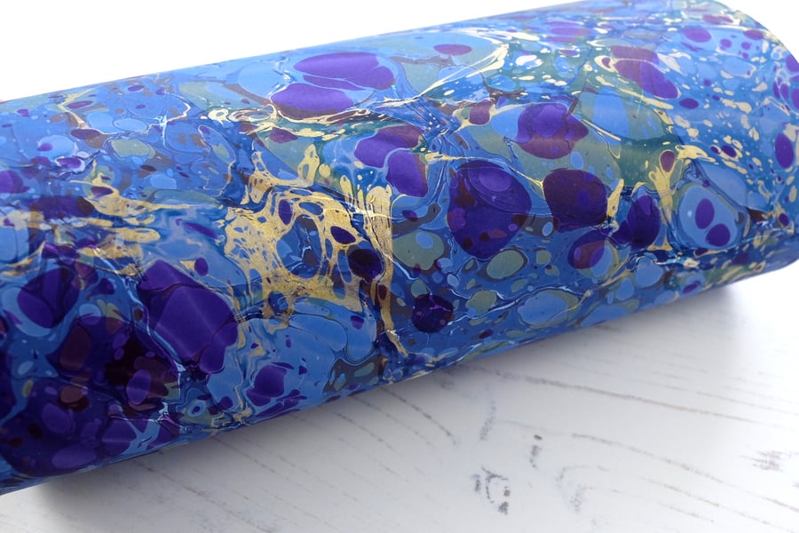 Purple gold & blue A4 Marbled paper sheet double marbled Spanish stone pattern 