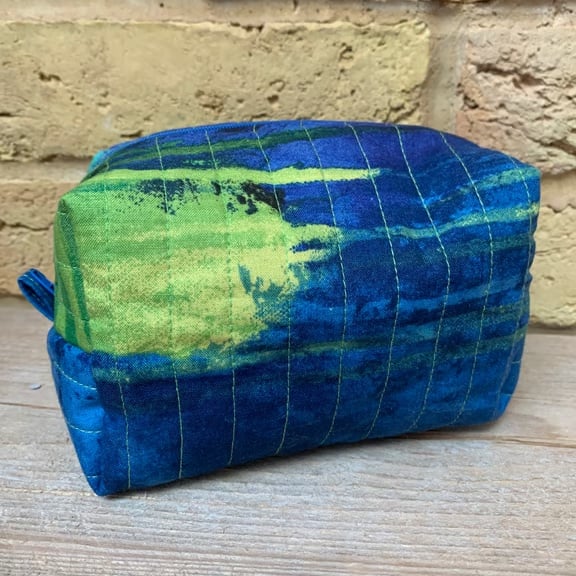  Blue and Green Quilted Fabric Box Shape Makeup Bag