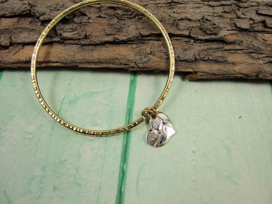Brass Heart Charm Bangle, Brass Bracelet  Recycled Mixed Metal Heart Charm