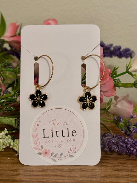 Black Cherry Blossom Hoop Earrings, Enamel Floral Charms, Handmade Jewellery