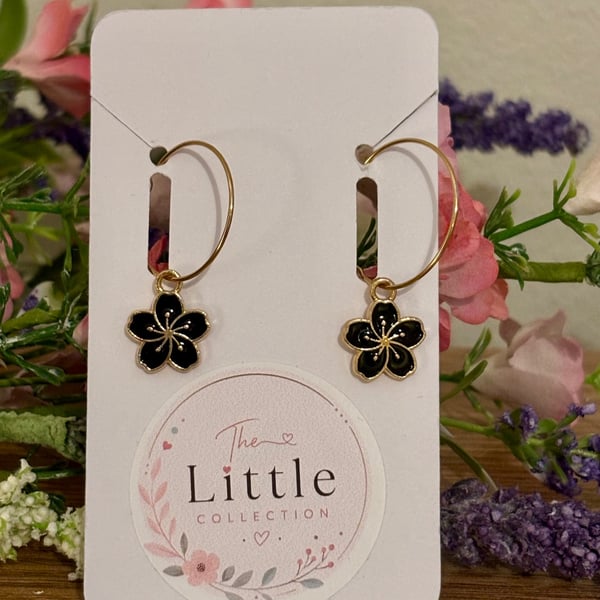 Black Cherry Blossom Hoop Earrings, Enamel Floral Charms, Handmade Jewellery