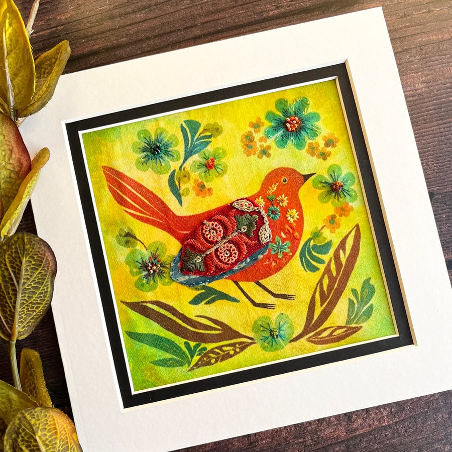 ON SALE: Textile picture of folk birds, fabric art, gift for bird lover