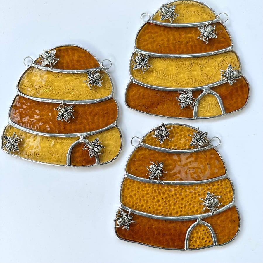 Stained Glass Beehive Suncatcher - Handmade Window Decoration - Mini Bee Cluster