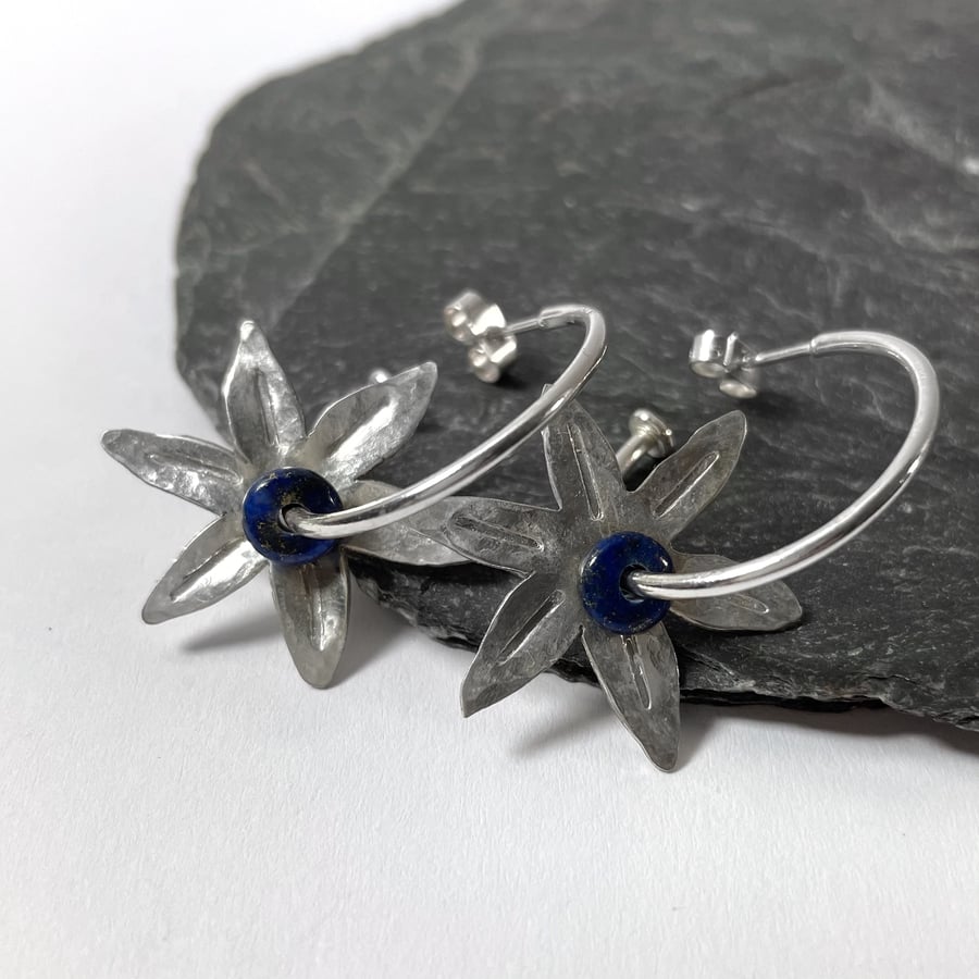 Sterling silver and navy lapis lazuli Flower hoop earrings