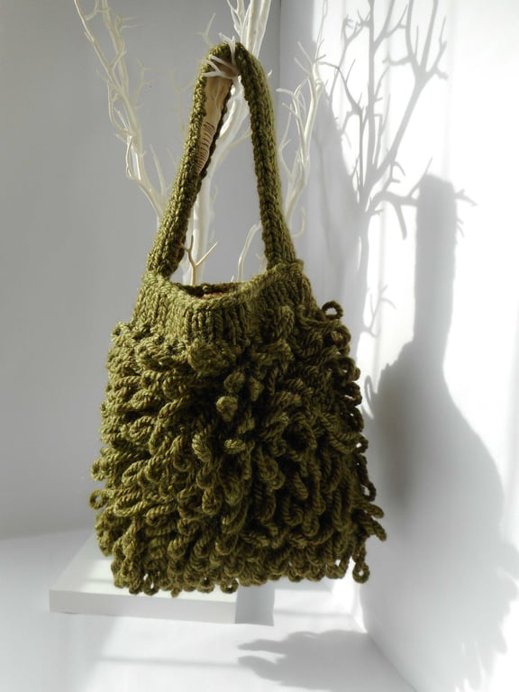 Lichen - chunky hand knitted "Loopy" tote bag in olive green