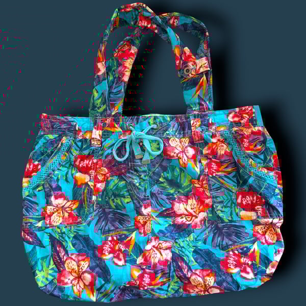 Handmade Colourful Upcycled Tote Bag with Four Outer Pockets – Eco-Friendly