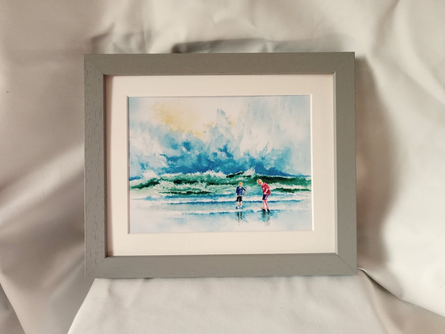 watercolour print of children on a Cornwall Beach