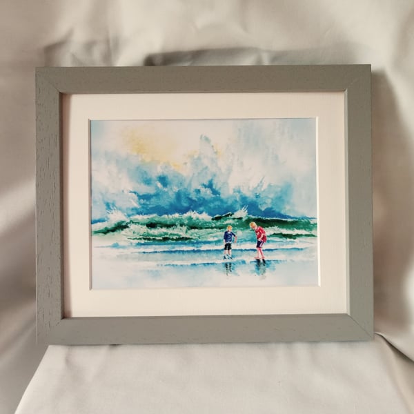 watercolour print of children on a Cornwall Beach