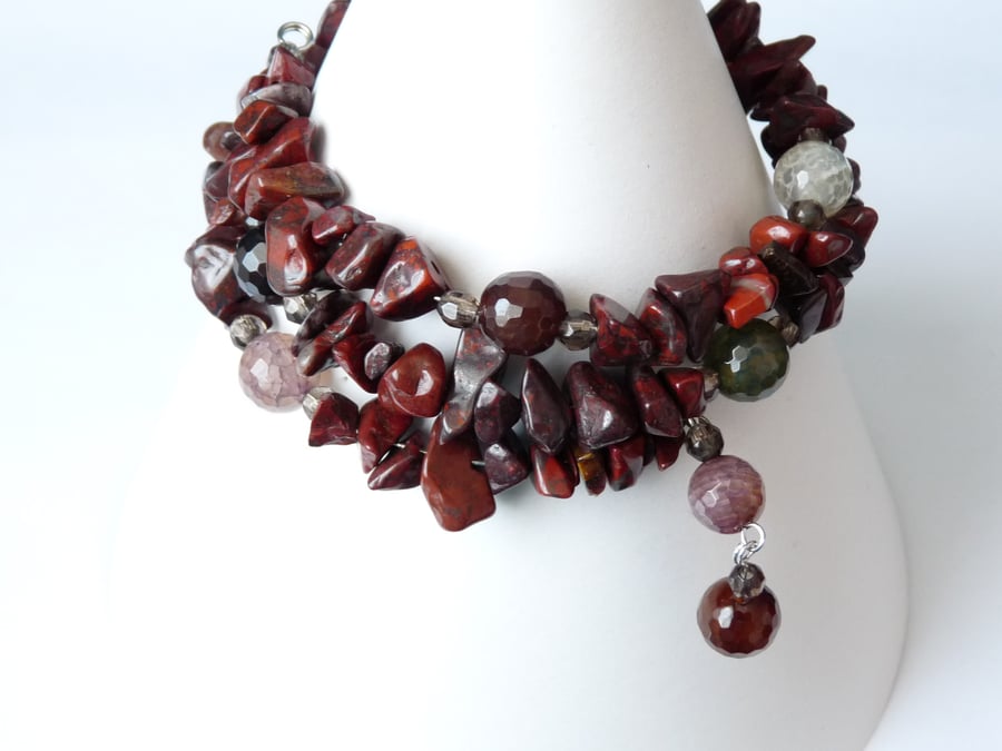 Poppy Jasper, Agate & Quartz Memory Wire Bracelet  - Handmade - Genuine Gemstone
