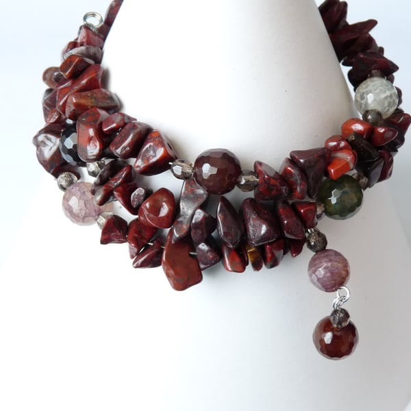 Poppy Jasper, Agate & Quartz Memory Wire Bracelet  - Handmade - Genuine Gemstone