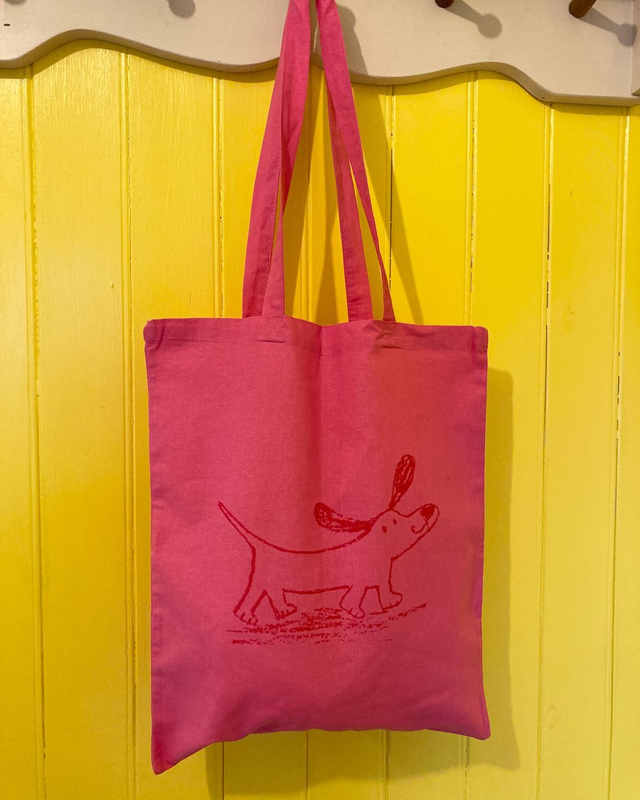 Happy Sausage dog screen printed Tote bag Hot Pink by Jo Brown